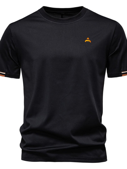 Men's embroidered round neck T-shirt, slightly stretchy, black polyester.
