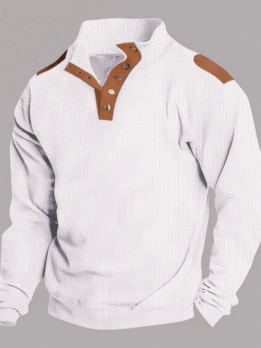 Men's full size quarter snap long sleeve top, slightly stretchy, polyester-cotton blend.