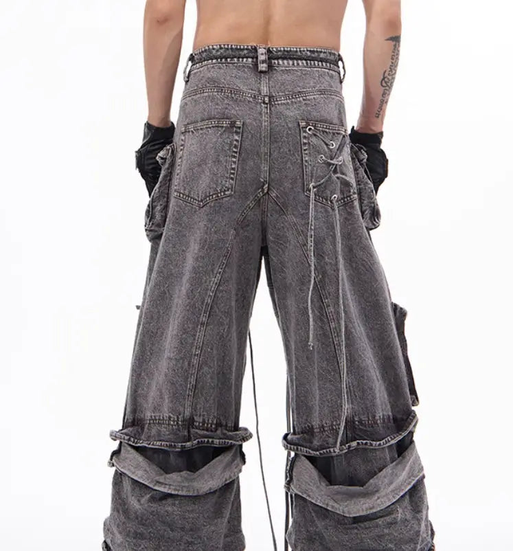 Grey Distressed Denim Cargo Overalls, Rope Stitching Mop Pants, Streetwear Utility Workwear - MENLL