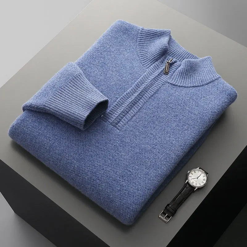Mens Honeycomb Knit Zip Up Sweater Mid Length Thickened Warmth For Middle Aged Men Casual Wear - MENLL