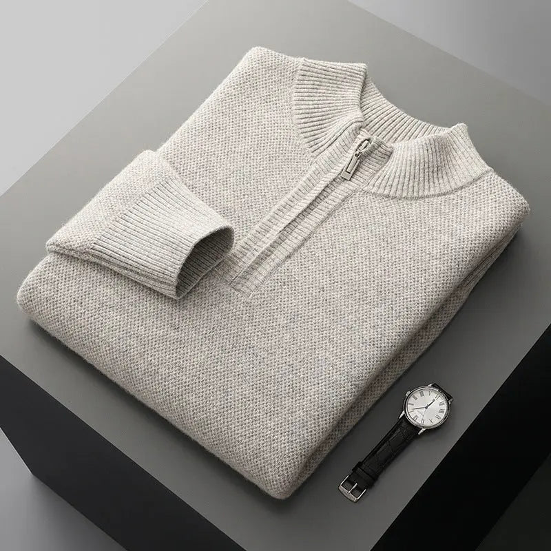 Mens Honeycomb Knit Zip Up Sweater Mid Length Thickened Warmth For Middle Aged Men Casual Wear - MENLL