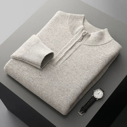 Mens Honeycomb Knit Zip Up Sweater Mid Length Thickened Warmth For Middle Aged Men Casual Wear - MENLL