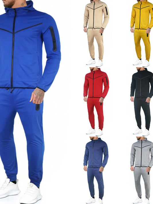 Men's plus size zip-up long sleeve top and pants set in various colors.