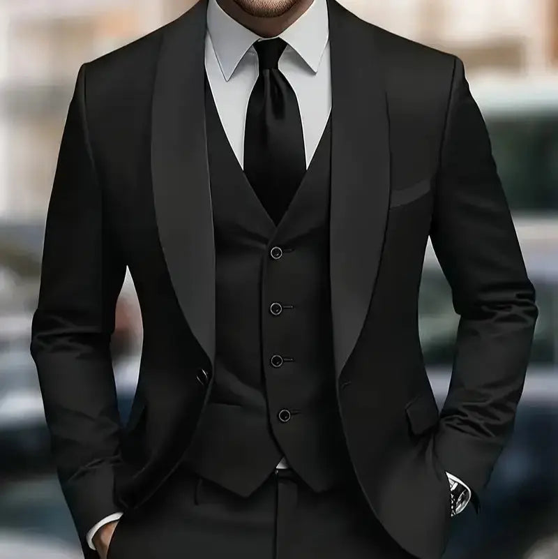 Mens Three Piece Suit Slim Fit Korean Style For Business Casual Polyester Black Navy Gray White - MENLL
