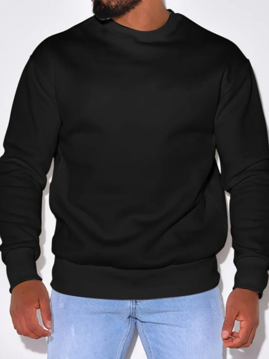 Men's plus size round neck sweatshirt in black, featuring slightly stretchy material with polyester and cotton blend, shown on model.