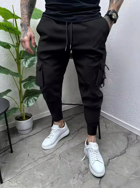 Men's full size drawstring pants with pockets, black, plus size, casual style.