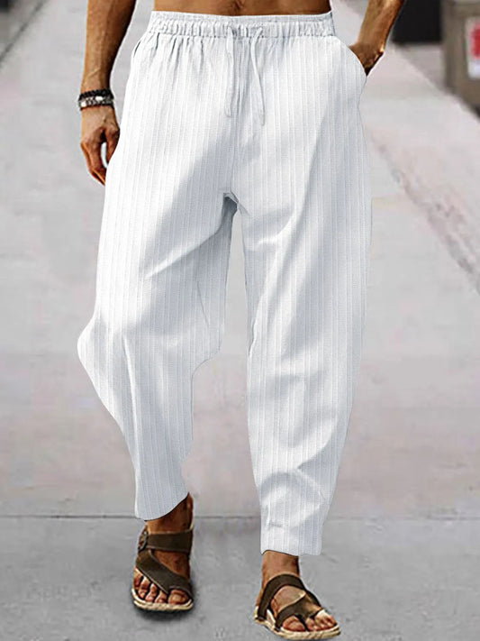 Men's full size drawstring pants with pockets, basic style, 95% cotton.