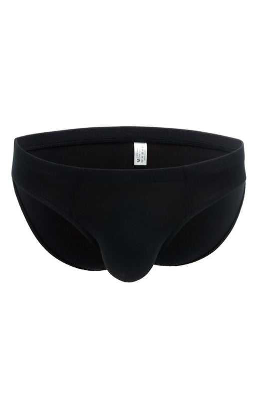 Men's bamboo fiber floral yarn briefs in solid black, mid-waist, offering moderate elasticity for year-round comfort.