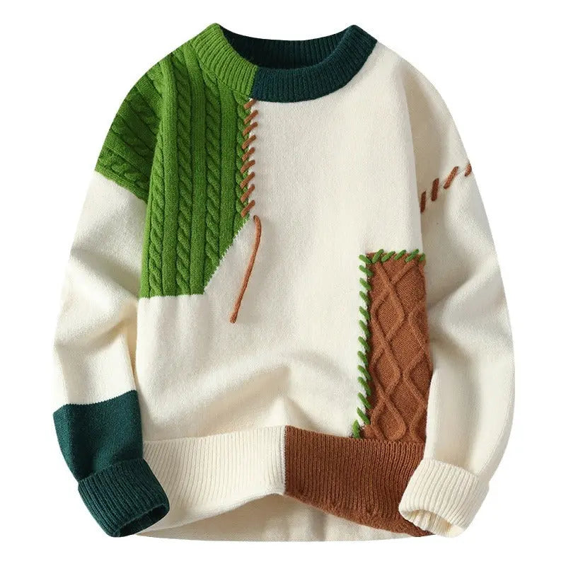 Ins Colorblock Pullover Sweater Winter Fashion Long Sleeve Knitted Top Men's Clothing MENLL