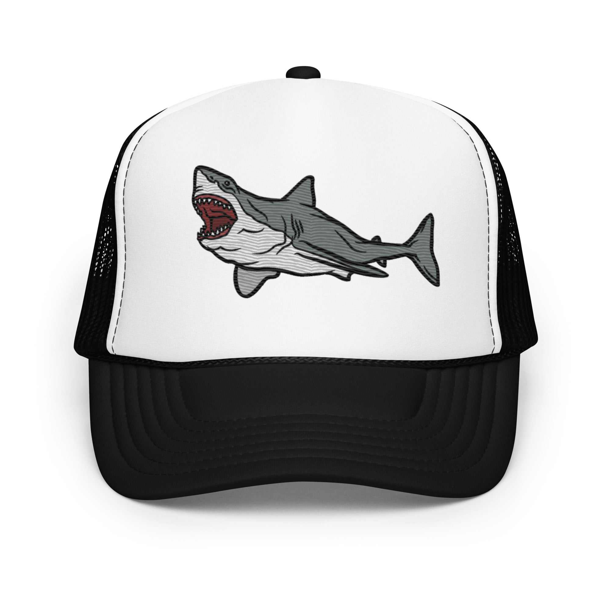 Foam Great White Breach Trucker Hat with black mesh back and embroidered shark design on white foam front panel