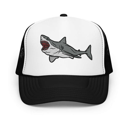 Foam Great White Breach Trucker Hat with black mesh back and embroidered shark design on white foam front panel