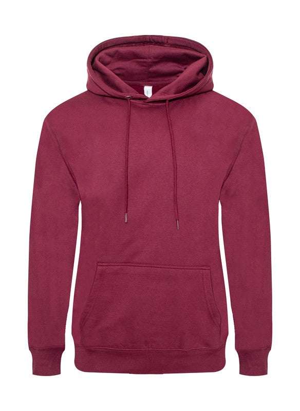 Fleece pullover hoodie with adjustable hood and kangaroo pocket in red.