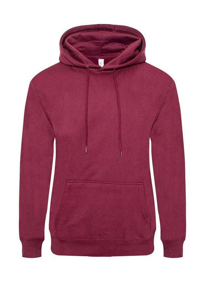 Fleece pullover hoodie with adjustable hood and kangaroo pocket in red.