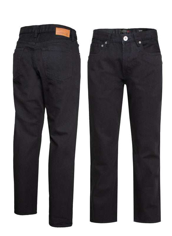 Men's black straight leg denim jeans, 100% cotton, front and back view.