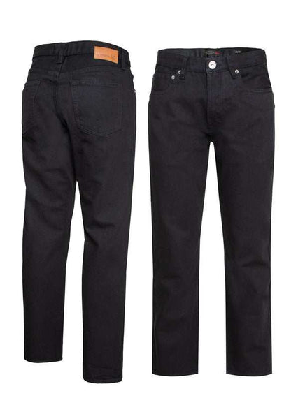 Men's black straight leg denim jeans, 100% cotton, front and back view.