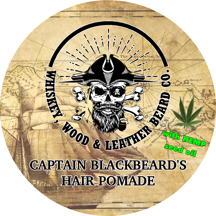 Captain Blackbeard’s Hair Pomade with Hemp Seed Oil label featuring pirate skull design.