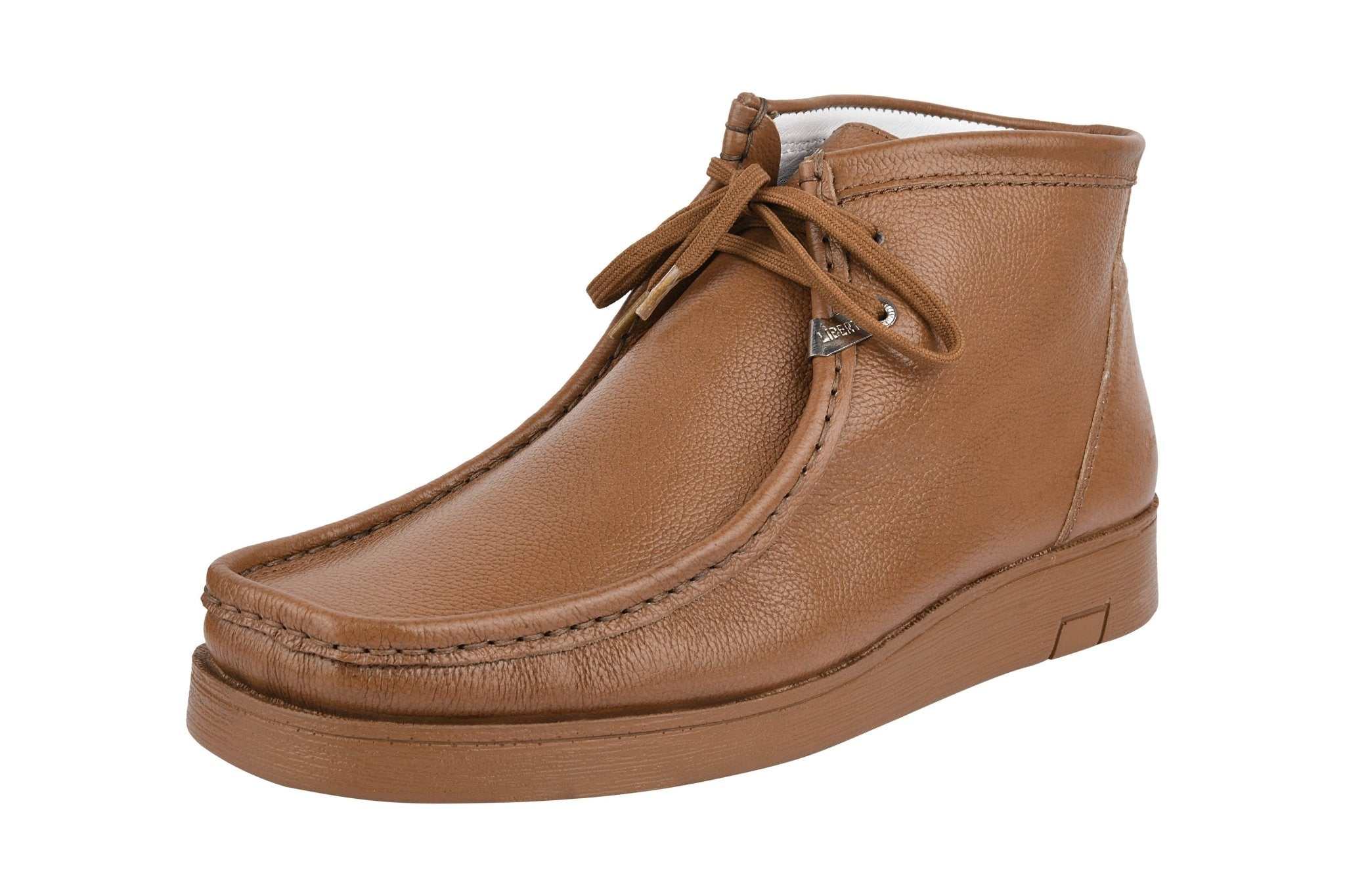 Brown leather chukka boots by HAMARA JOE with moc toe and lace-up design.