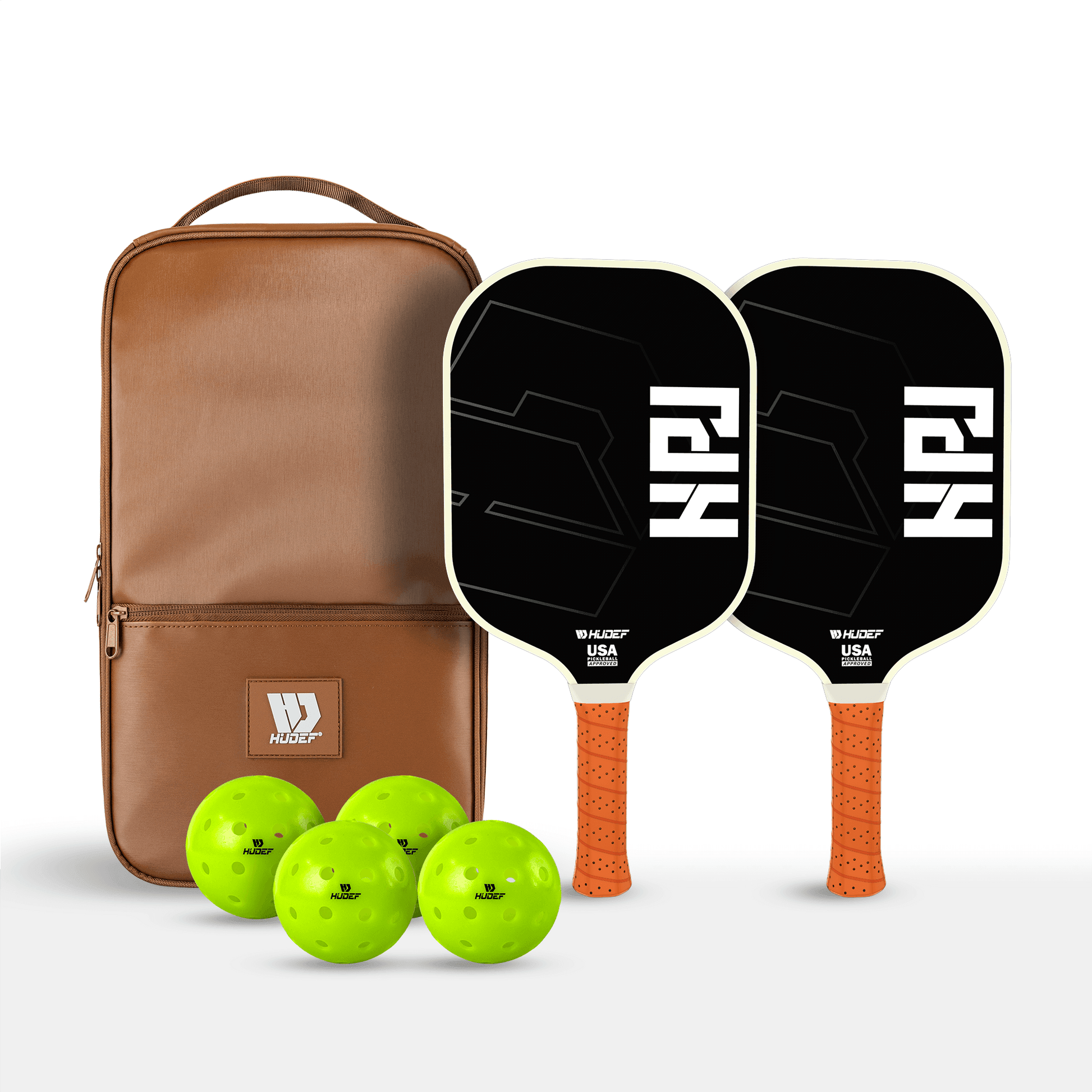 HUDEF HPJ Pickleball Paddles Set with two paddles, four outdoor balls, and brown portable cover.