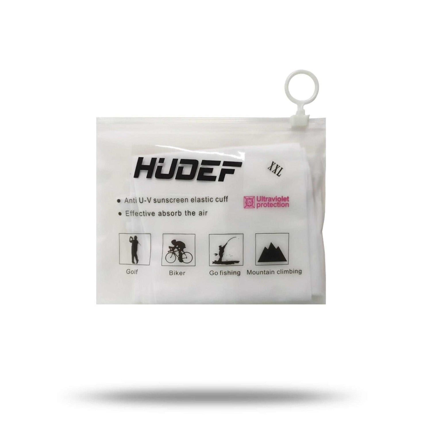 HUDEF Ice Feeling Sleeves packaging showcasing features for outdoor activities like golf, biking, fishing, and mountain climbing.