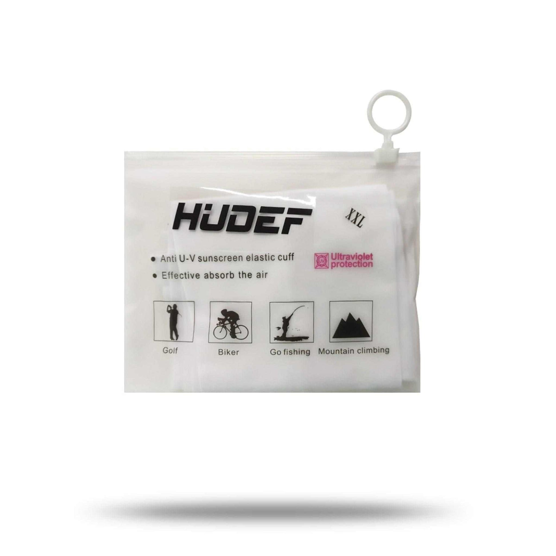 HUDEF Ice Feeling Sleeves packaging showcasing features for outdoor activities like golf, biking, fishing, and mountain climbing.
