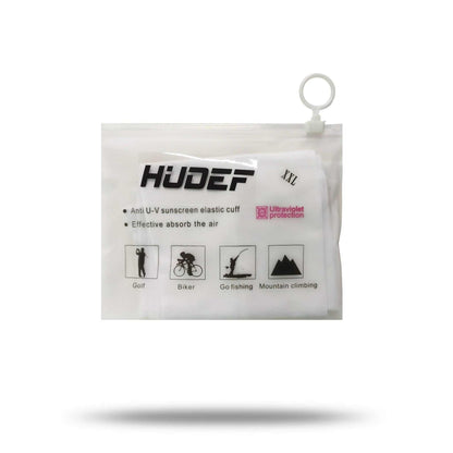 HUDEF Ice Feeling Sleeves packaging showcasing features for outdoor activities like golf, biking, fishing, and mountain climbing.