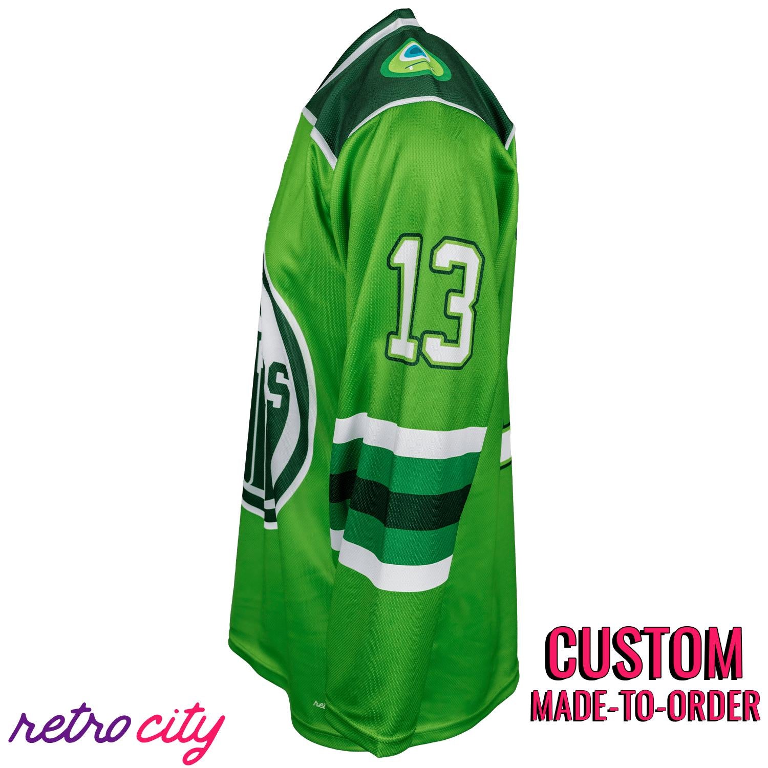 Retro City Threads Monstropolis Monsters Hockey Jersey Sweater (Green) - Detail View