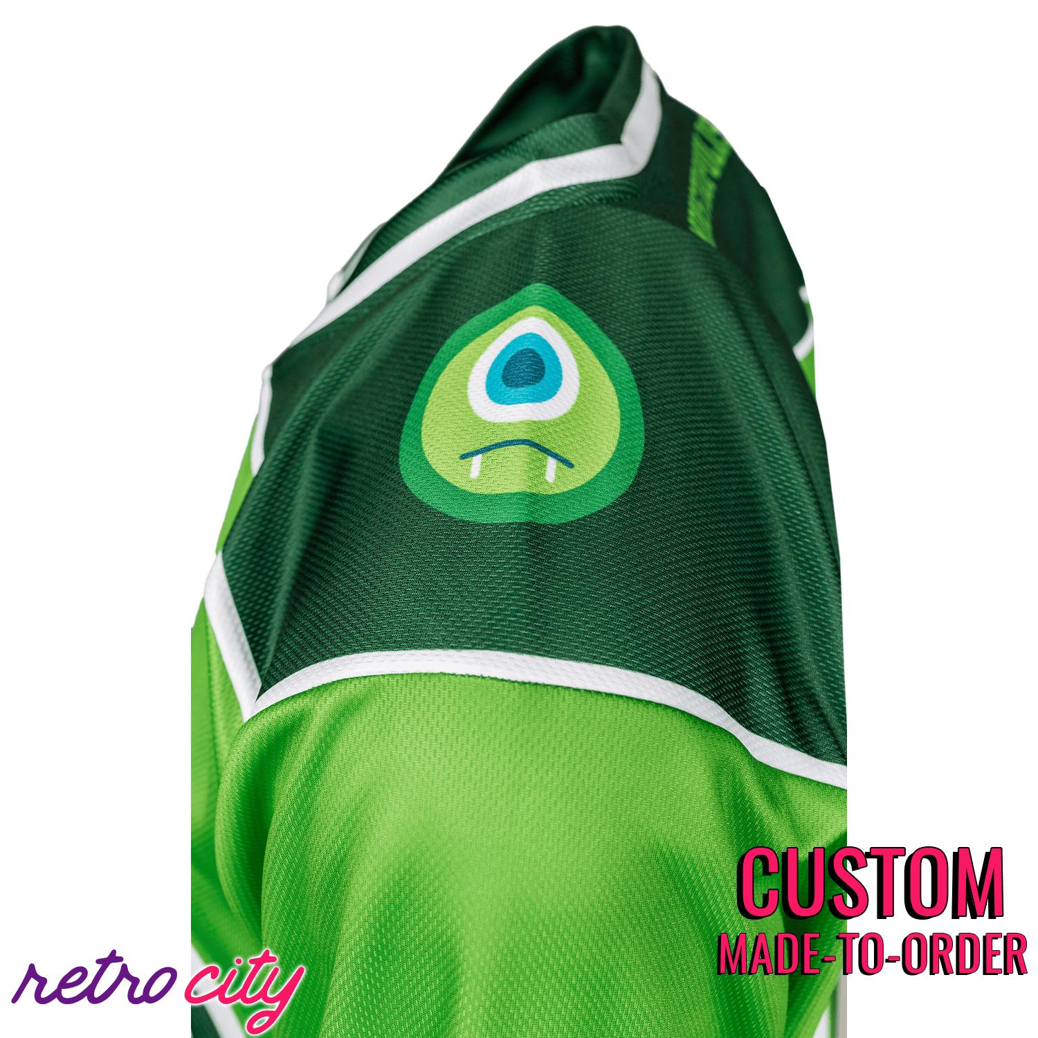 Retro City Threads Monstropolis Monsters Hockey Jersey Sweater (Green) - Close Up