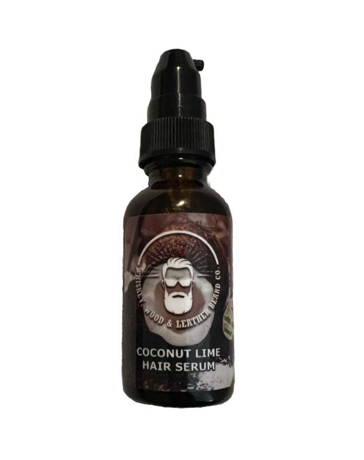 Coconut Lime Hair Serum in pump bottle with natural oils for split end prevention.