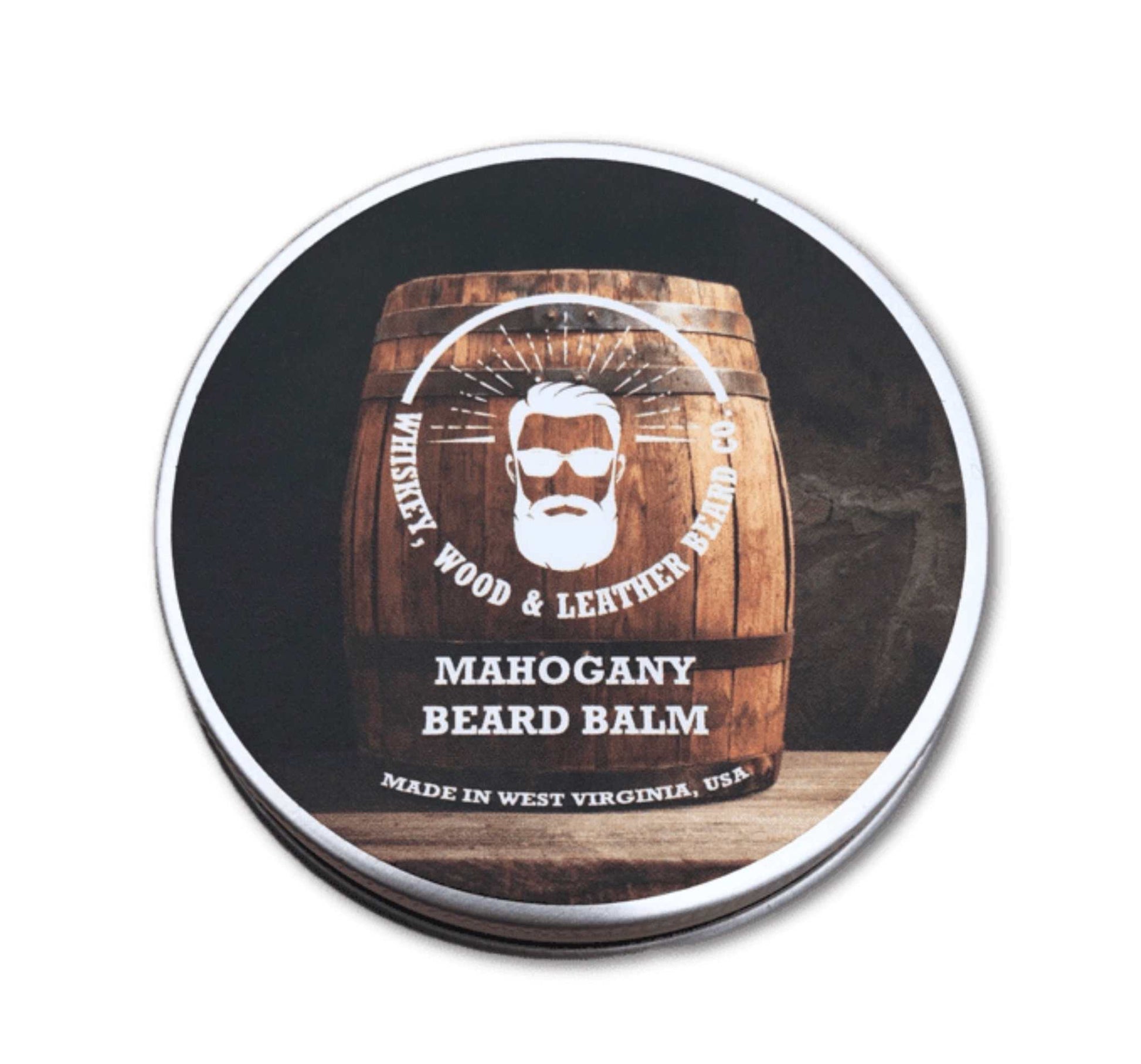 Mahogany Beard Balm container with whiskey barrel design, bold scent, and moisturizing benefits.