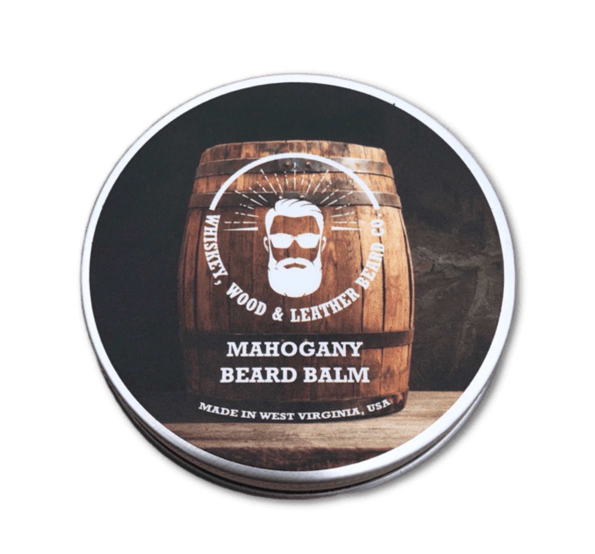 Mahogany Beard Balm container with whiskey barrel design, bold scent, and moisturizing benefits.