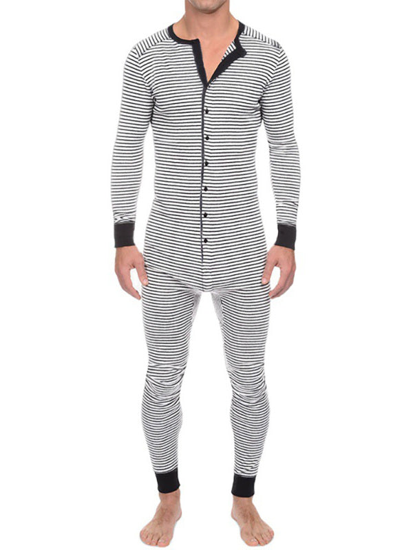 Men's slim striped print one-piece pajama with button closure and long sleeves.