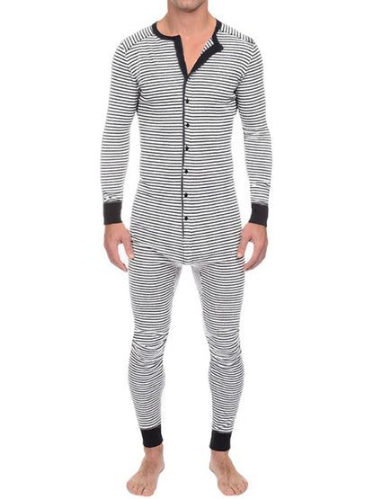 Men's slim striped print one-piece pajama with button closure and long sleeves.