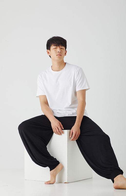 Men's home pants, wide leg, black, comfortable, modal fabric, casual lounge wear.