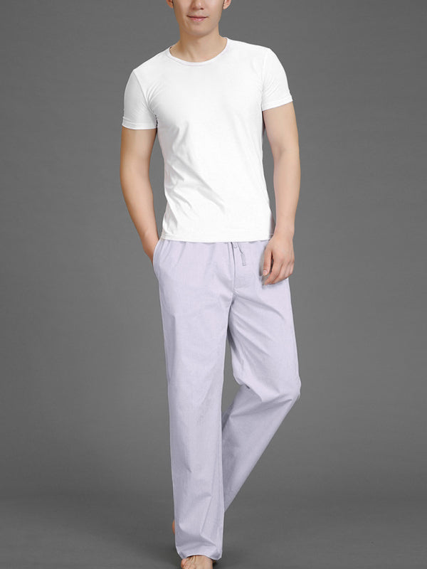 Men's spring summer thin cotton casual pants with a lattice pattern, shown on a model in a white t-shirt.