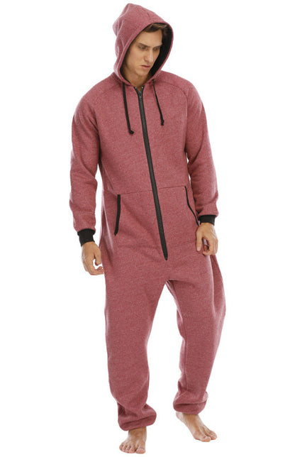 Men's thickened sweater fleece jumpsuit pajamas with hood and front zipper, in solid color, ideal for autumn-winter homewear.