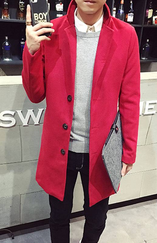 Men's red long woolen coat for autumn-winter, single-breasted design, lightweight yet warm.
