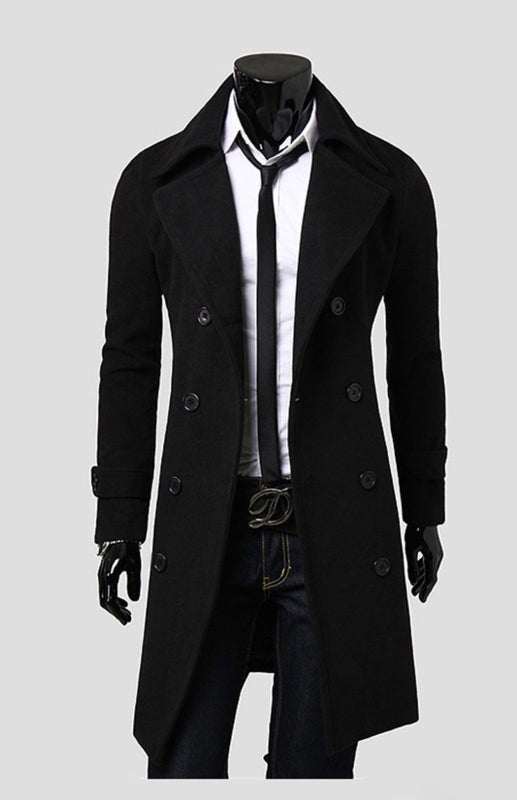 Men's double-breasted wool overcoat with classic lapel and button details.