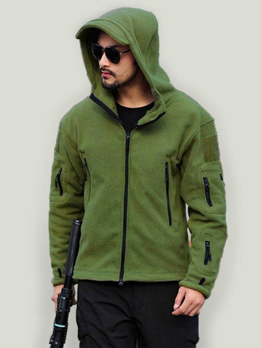 Cozy cotton blend hooded fleece jacket for men, ideal for outdoor adventures and cold weather protection.