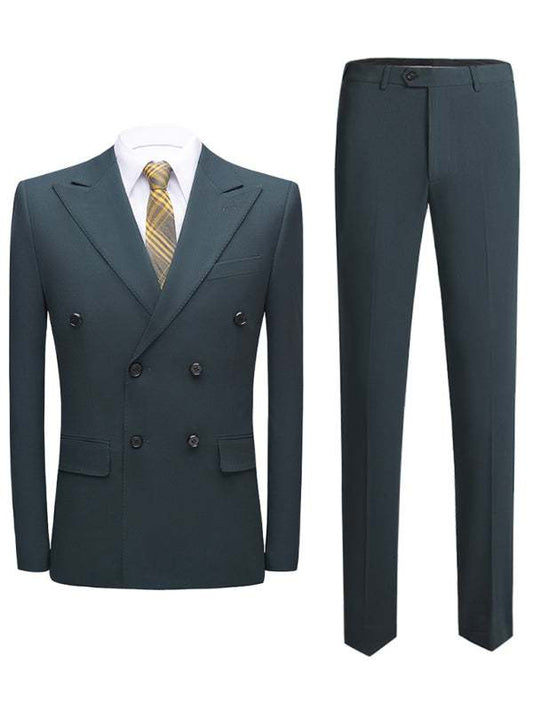Men's business double-breasted woven blazer set in dark green with matching trousers, featuring a lapel collar and solid pattern.