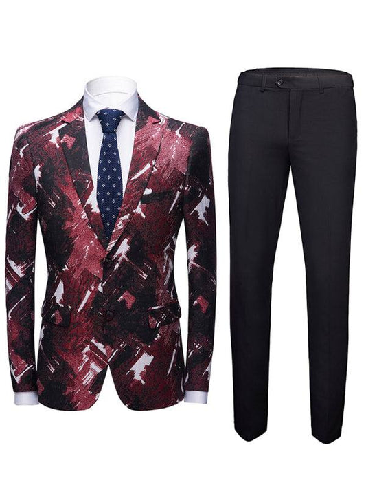 Abstract print lapel collar blazer suit set with black pants.