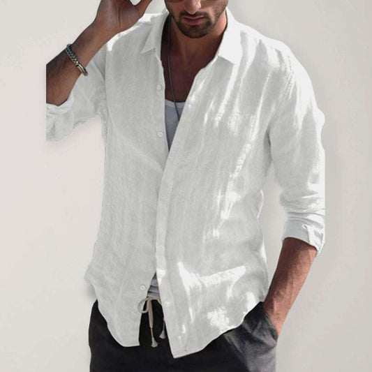Casual long sleeve cotton-linen shirt in solid color with V-neck design.