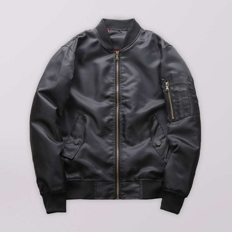 Unisex black air force pilot jacket with baseball collar and flap pockets.
