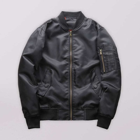 Unisex black air force pilot jacket with baseball collar and flap pockets.