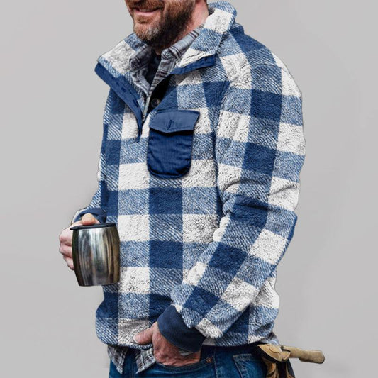 Plaid plush long-sleeve sweatshirt for men in blue and white checkered pattern with practical flap pocket.