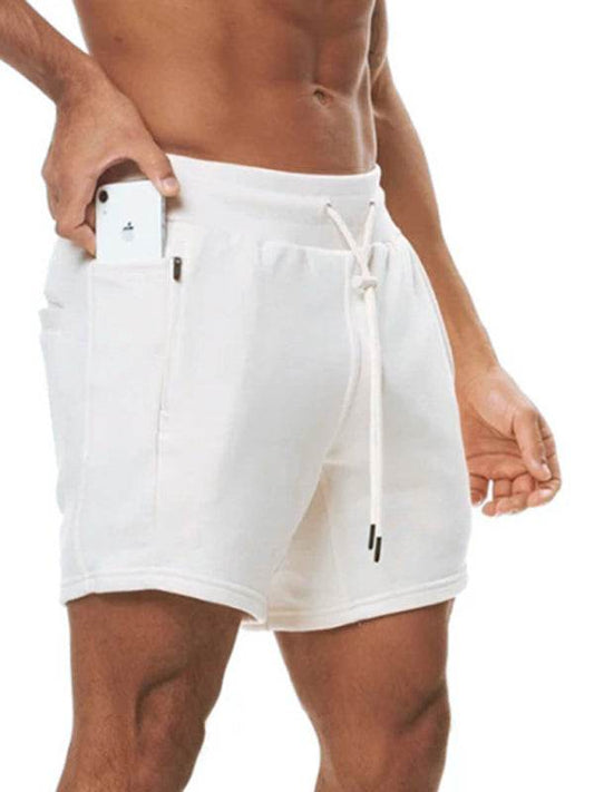 Men's multi-pocket sports gym shorts with hanging towel, ideal for running and training, made from cotton blend.