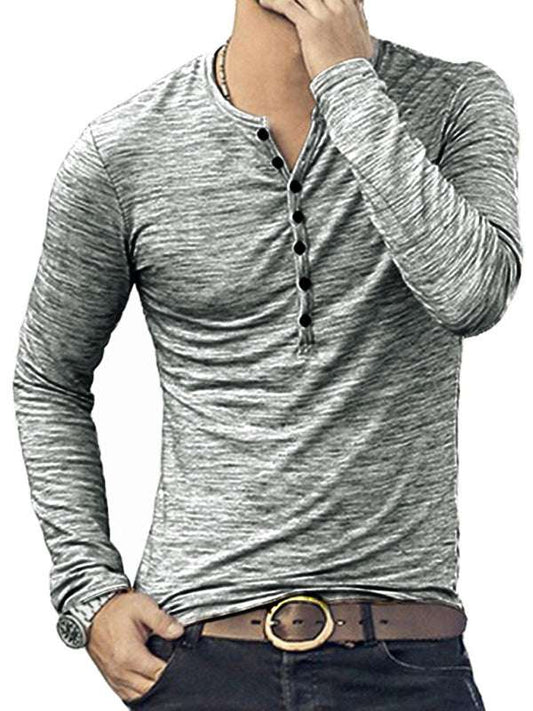 Men's Chic Open Placket Slub Silk Long-Sleeve T-Shirt, slim fit, fashion style.