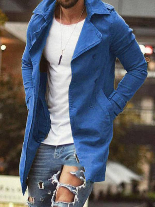 Men's mid-length slim fit blue windbreaker jacket, casual style.