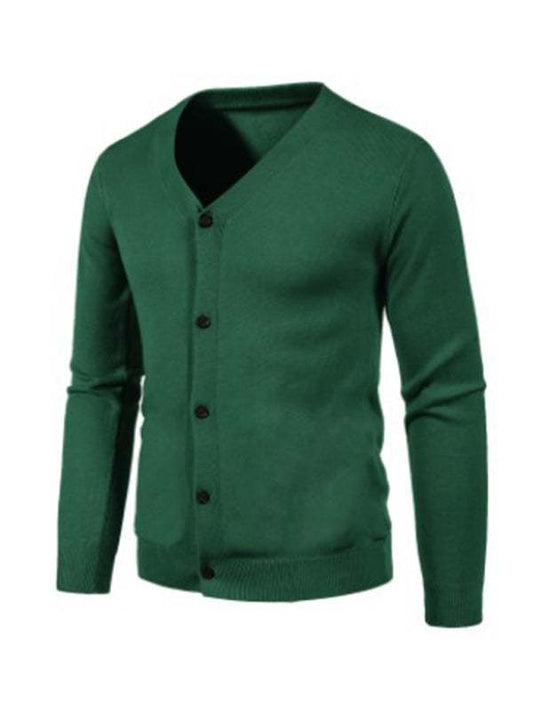 Stylish men's solid color V-neck cardigan sweater, all-season wear.