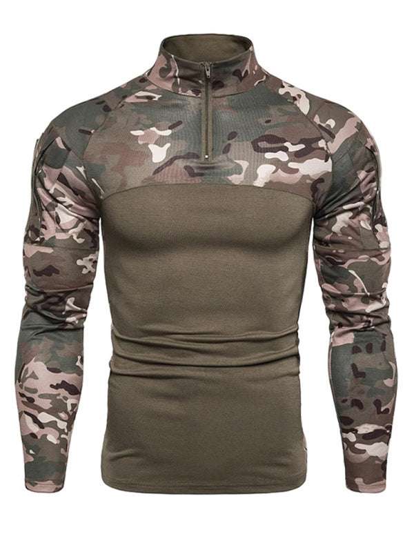 Men's camouflage long sleeve fitness t-shirt with zipper pocket, military-style performance wear for outdoor activities.
