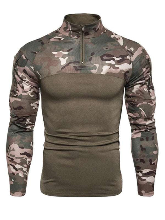 Men's camouflage long sleeve fitness t-shirt with zipper pocket, military-style performance wear for outdoor activities.